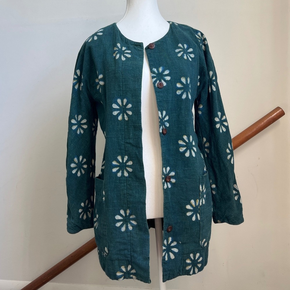 Vintage Anokhi Jacket Medium Teal Green Block Print Floral Daisy Cotton Boho